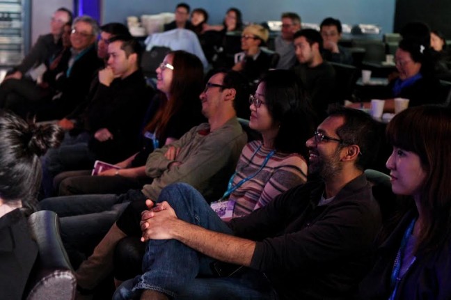 A. Moon and other 2014 Fellows: Kiyong Kim, Soojin Chung and Soham Mehta react to a particularly humorous moment during the panel discussion on sustainability at CAAMFest 2014. Photo credit: Michael Jeong. 