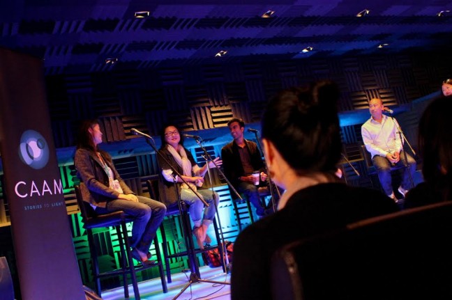 Karin Chien, Director of the CAAM Fellowship Program (Far left)  moderating the sustainability panel with former Fellows & Mentors (Second from Left) Johanna Lee, Soman Chainani, Stephen Tao & Angela Cheng Caplan. (Not pictured: panelist Claire Aguilar). Photo credit: Michael Jeong Photography.